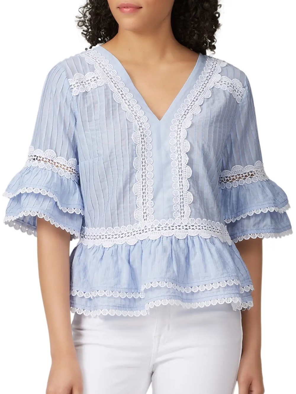 J. Crew Faded Lace Trim Top Light Blue Medium